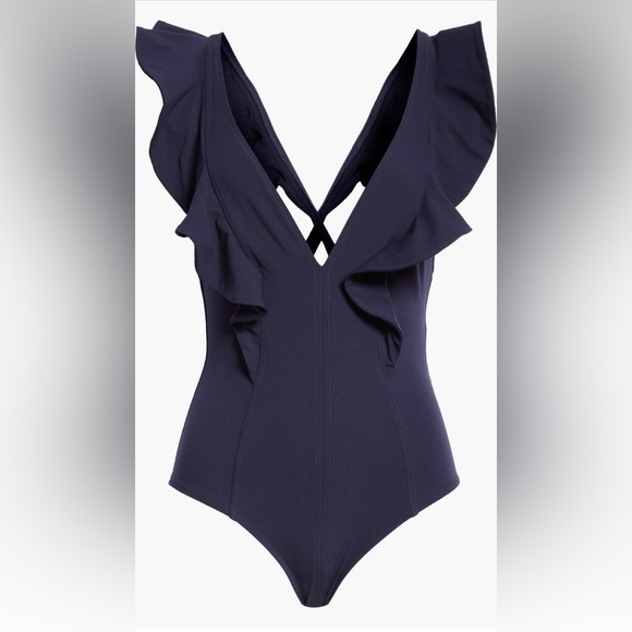 Ulla Johnson Evelina Ruffle Plunge One-Piece Swimsuit, Navy, Size Large, $380 - Picture 15 of 16